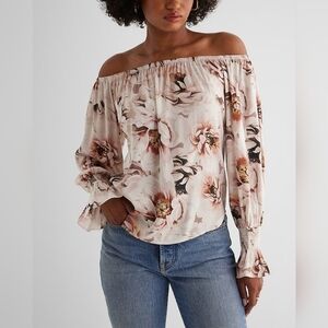 NWOT EXPRESS Satin Floral Off The Shoulder Smocked Cuff Top White Print XS